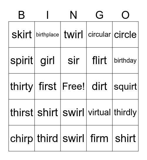 -r- controlled vowels all -ir- Bingo Card