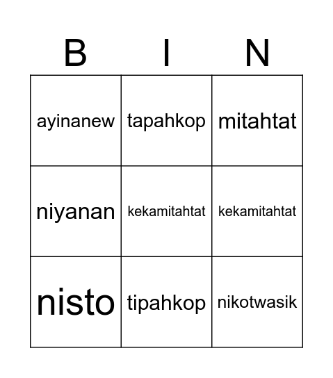 CreeNumbers Bingo Card