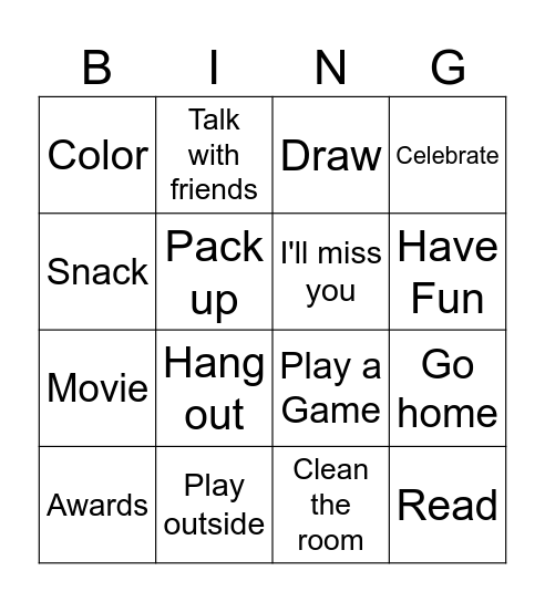 Last Day of School Bingo Card