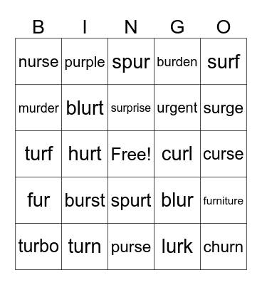 -r- controlled vowels all -ur- Bingo Card
