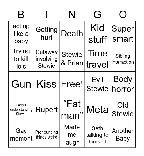 Family Guy Stewie Bingo Card