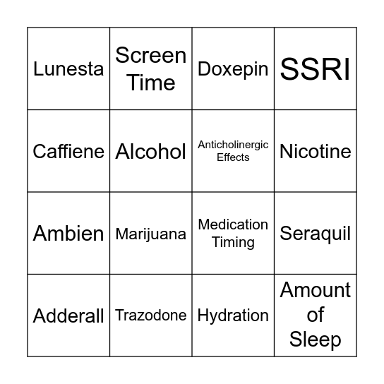 All Things Sleep Bingo Card