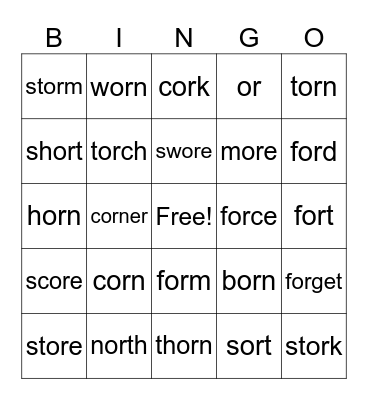 -r- controlled vowel all -or- Bingo Card