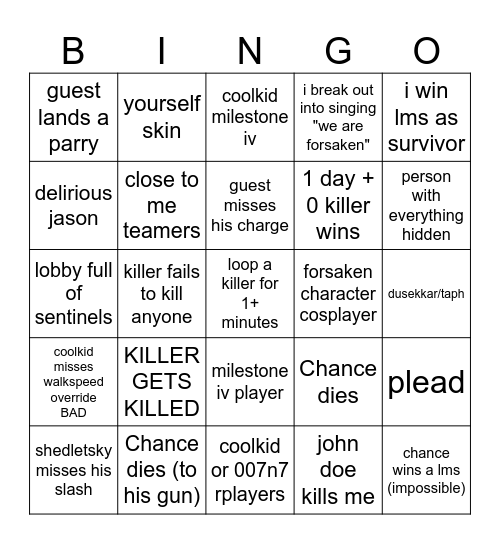 FORSAKEN Bingo Card