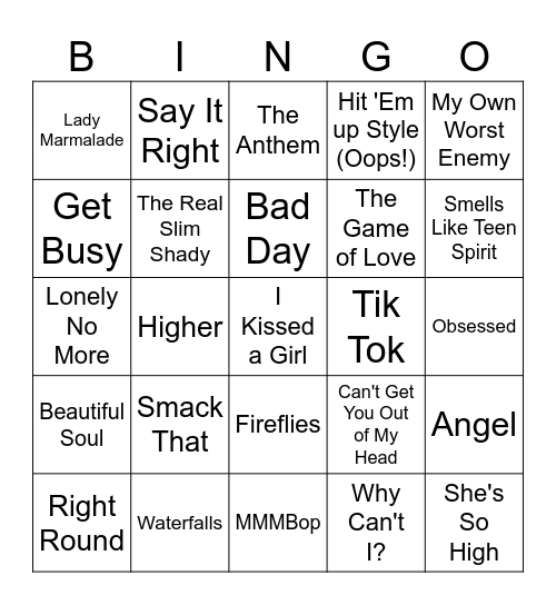 Millennial Music Bingo #2 Bingo Card