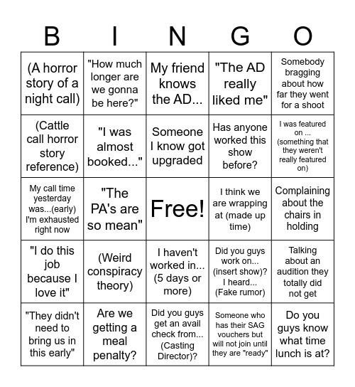 Extras Holding Bingo Card