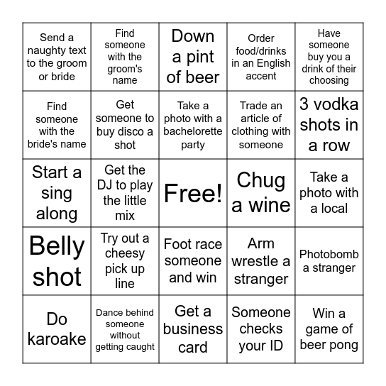 Stag Party Bingo Card