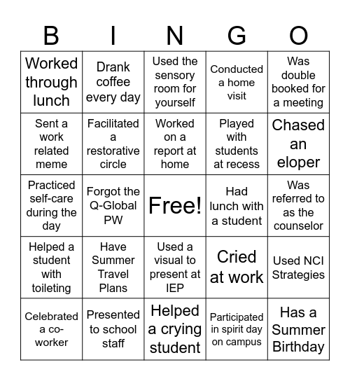 School Psychology Bingo Card