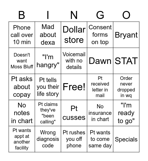 Radiology Prior Auth/Scheduling Bingo Card