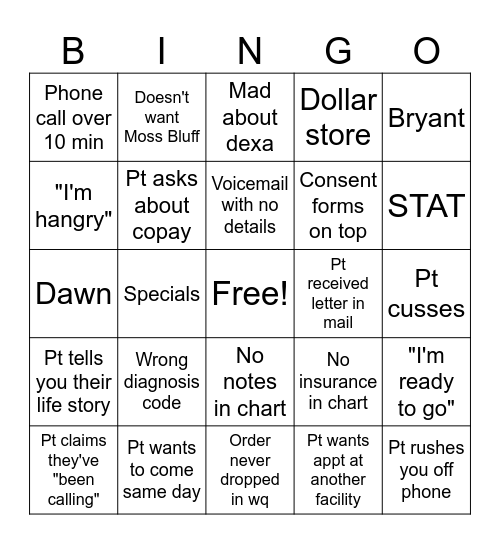 Radiology Prior Auth/Scheduling Bingo Card