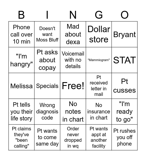 Radiology Prior Auth/Scheduling Bingo Card