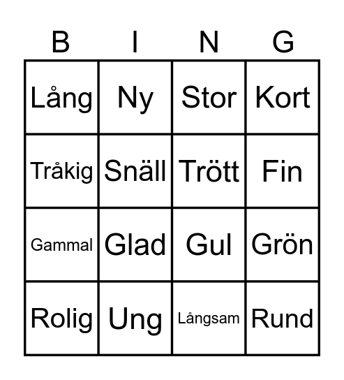Adjektiv Bingo Card
