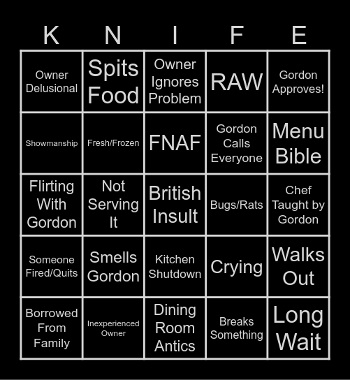 Kitchen Nightmares Bingo Card