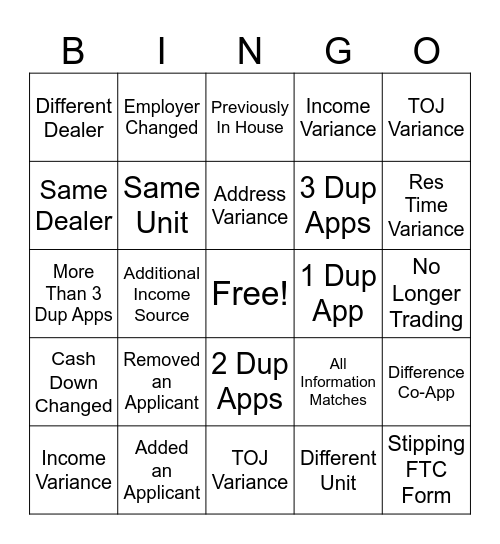 Dup App Bingo Card