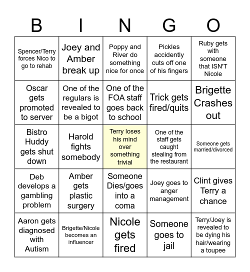 Bistro Huddy Bingo Card