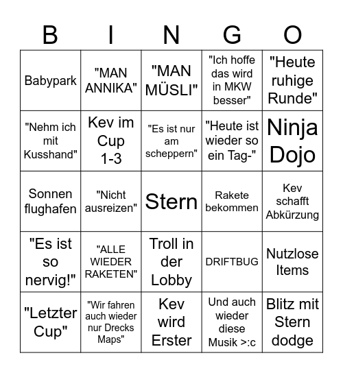 Kev Mario Kart Lobby Bingo Card
