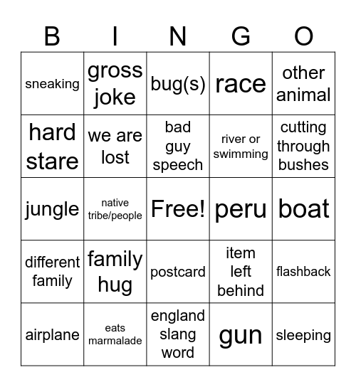 Paddington Peru Bingo Card