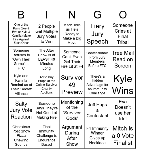 Survivor 48 Finale Bingo Card