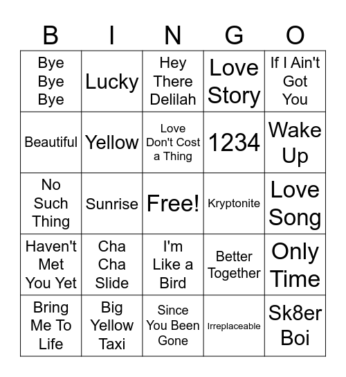 2000's Music Bingo Card