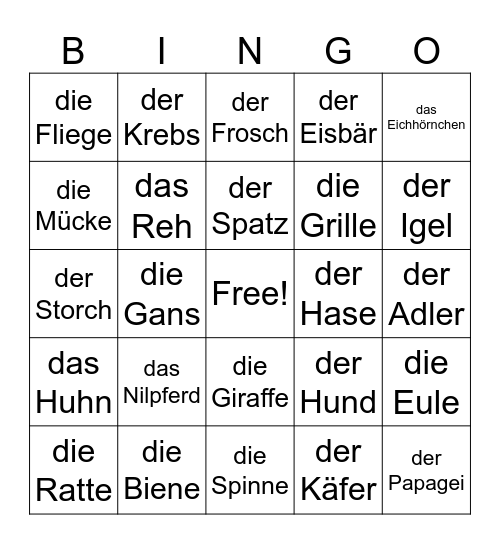 Tiere Bingo Card