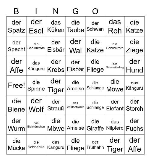 Tiere Bingo Card
