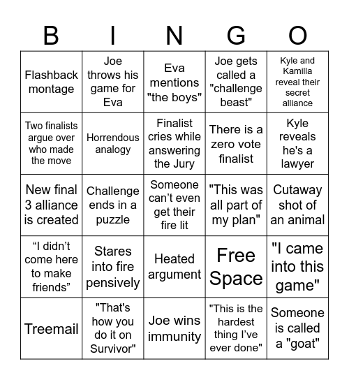 Survivor 48 Finale Bingo Card