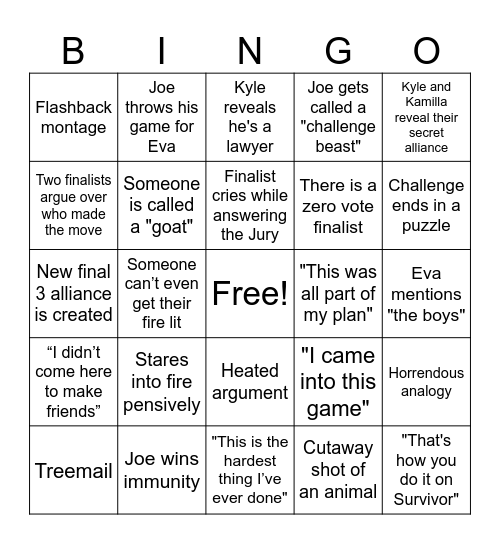 Survivor 48 Finale Bingo Card