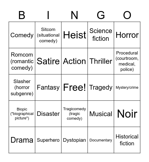 NGC | Film + TV Genres! Bingo Card