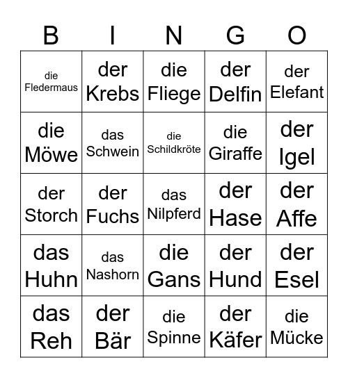 Tiere Bingo Card