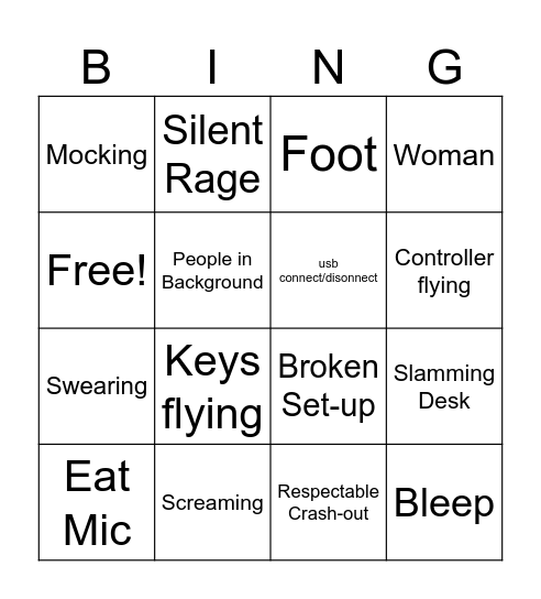 Gamer Rage Bingo Card