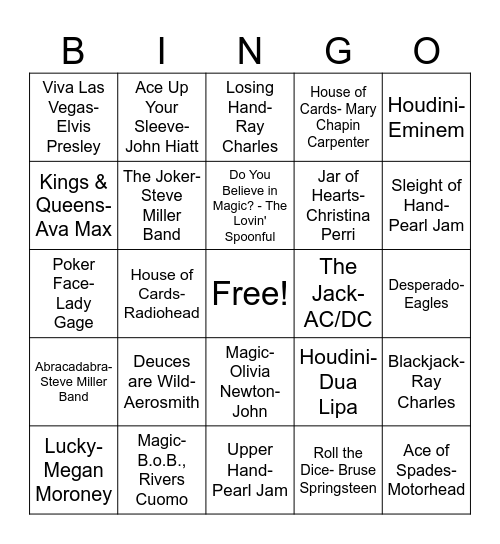 Play Your Hand Music Bingo Card