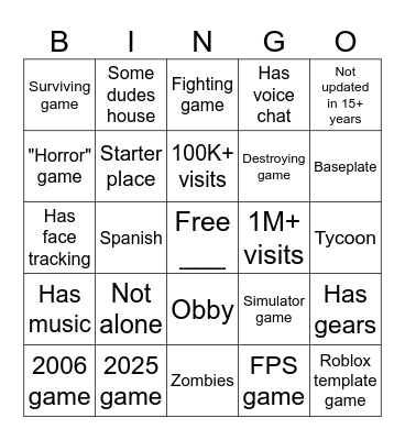 Roblox Game Bingo Card