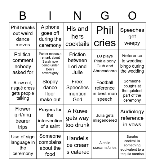 Sarah Wedding Bingo Card