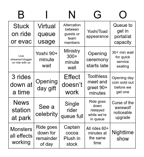 Opening Day Epic Universe Bingo Card