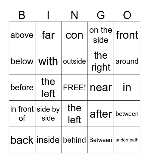 Preposiciones Bingo Card