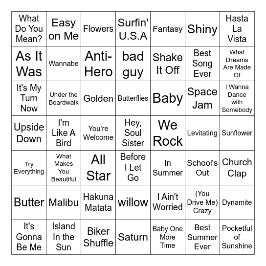 Summer Music Bingo Card