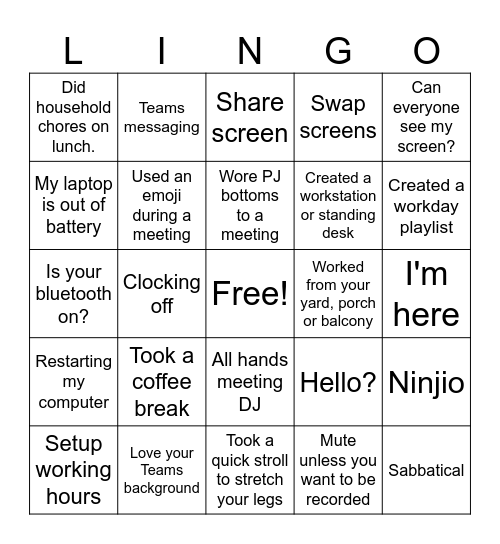 REMOTE WORK Bingo Card