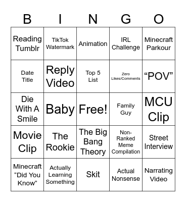 YouTube Shorts Bingo Card