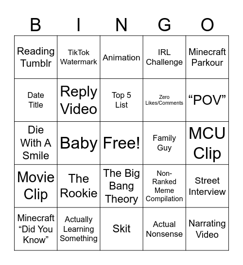 YouTube Shorts Bingo Card