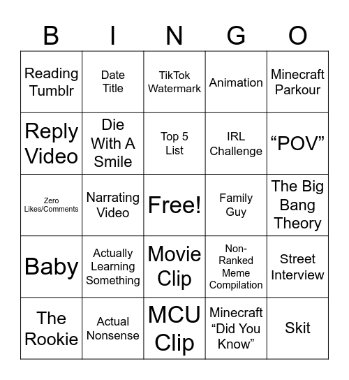 YouTube Shorts Bingo Card