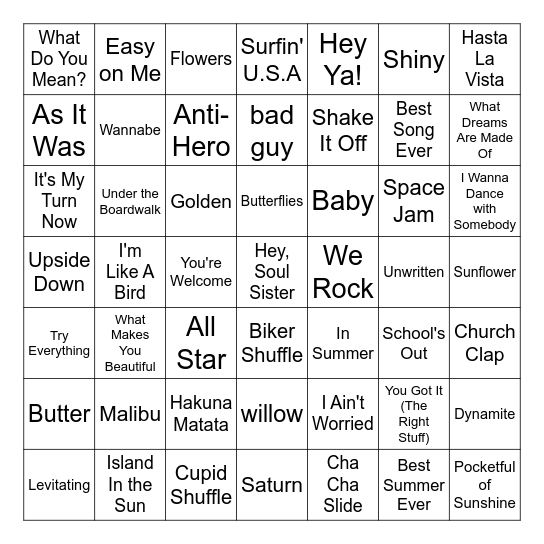 Summer Music Bingo Card