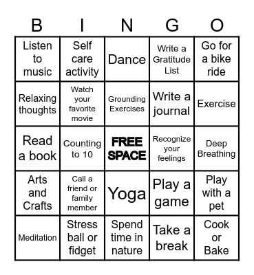 Coping Skills Bingo Card