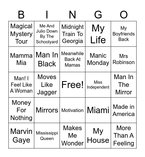 Songs That Start With “M” Bingo Card