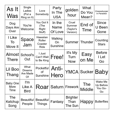 Summer Music Bingo Card