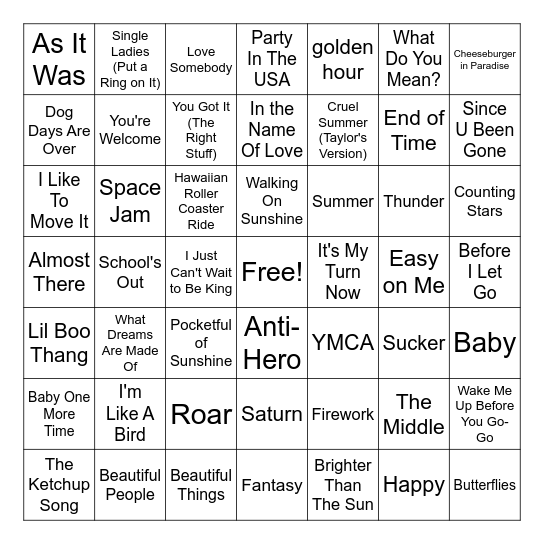Summer Music Bingo Card