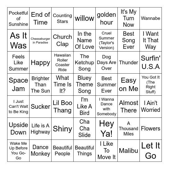 Summer Music Bingo Card