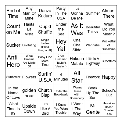 Summer Music Bingo Card