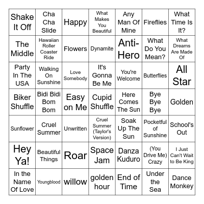 Summer Music Bingo Card
