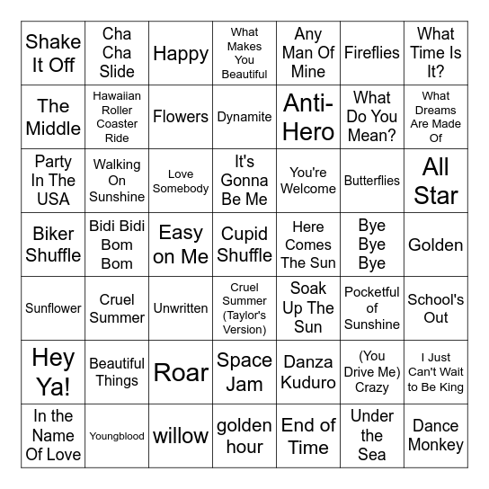 Summer Music Bingo Card