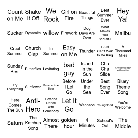 Summer Music Bingo Card